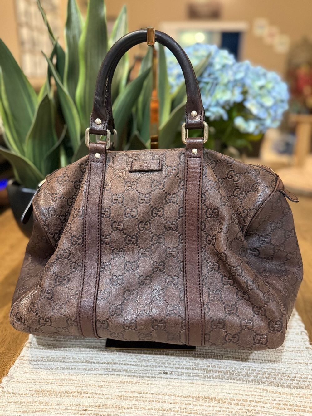 Gucci Brown Leather GG Monogram Top-Handle Bag with Patterned Lining